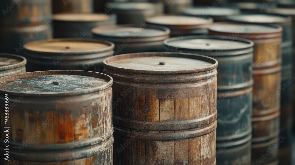Rows of weathered wooden oil barrels, capturing the essence of preserving the past with eco-conscious storage Rows of weathered wooden oil barrels, capturing the essence of preserving the past with eco-conscious storage