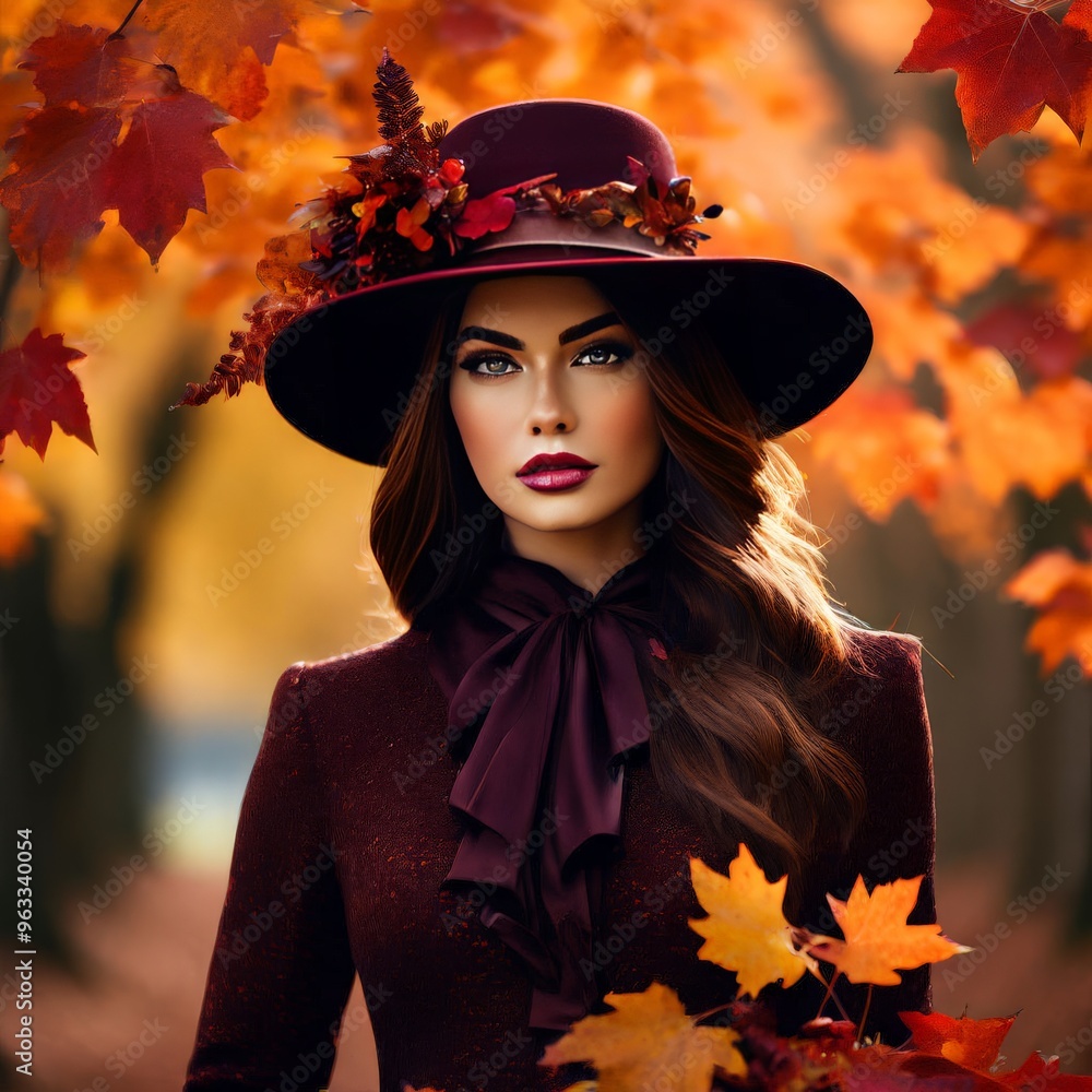Fashion portrait of elegant woman in autumn leaves. Hat. Beauty, fashion, makeup, hairstyle Fashion portrait of elegant woman in autumn leaves. Hat. Beauty, fashion, makeup, hairstyle