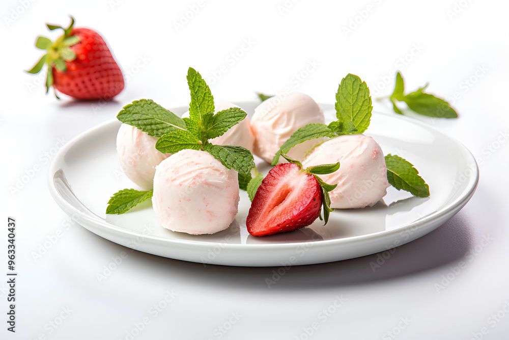 Delicious strawberry mint ice cream balls on a white plate with fresh strawberries and mint leaves on a light background Delicious strawberry mint ice cream balls on a white plate with fresh strawberries and mint leaves on a light background