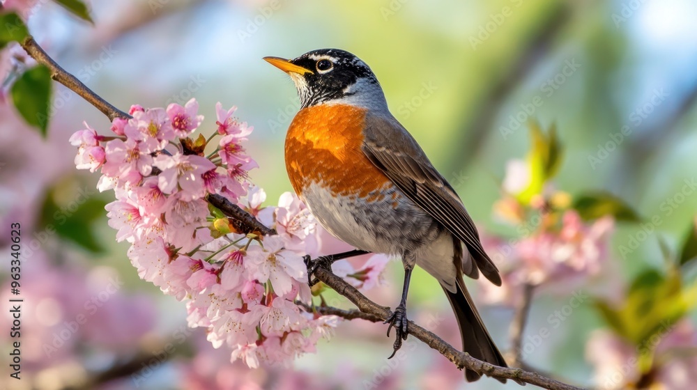 Robin Perched on a Cherry Blossom Branch Robin Perched on a Cherry Blossom Branch