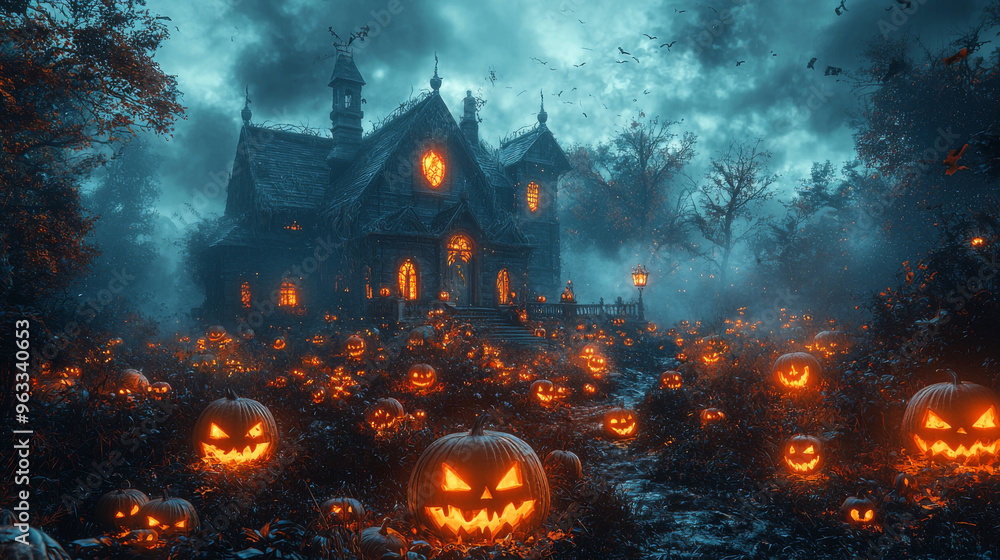 A spooky house with glowing jack-o'-lanterns. A spooky house with glowing jack-o'-lanterns.