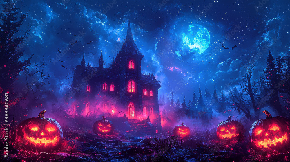 A spooky Halloween scene with glowing jack-o-lanterns. A spooky Halloween scene with glowing jack-o-lanterns.