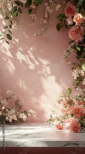 Elegant product display scene with marble tabletop showcasing roses and green plants. The light pink background and warm tones create a simple and delicate atmosphere.