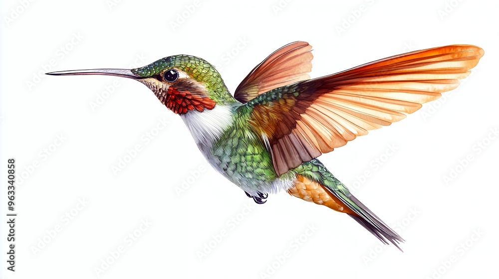A vibrant green and orange hummingbird with a long beak in mid-flight, isolated on a white background. A vibrant green and orange hummingbird with a long beak in mid-flight, isolated on a white background.