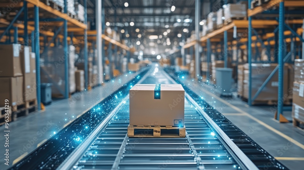Fototapeta premium Streamlined efficiency in a modern logistics warehouse with advanced technology, bustling activity, and organized processes.
