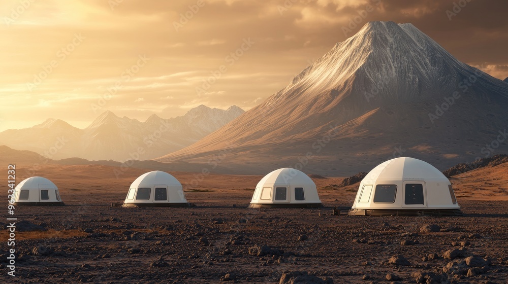 Dome structures in a barren landscape with a majestic mountain backdrop during sunset, capturing a serene and futuristic atmosphere. Dome structures in a barren landscape with a majestic mountain backdrop during sunset, capturing a serene and futuristic atmosphere.
