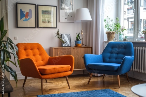 An orange and blue armchair setup enhancing a Scandinavian living room.