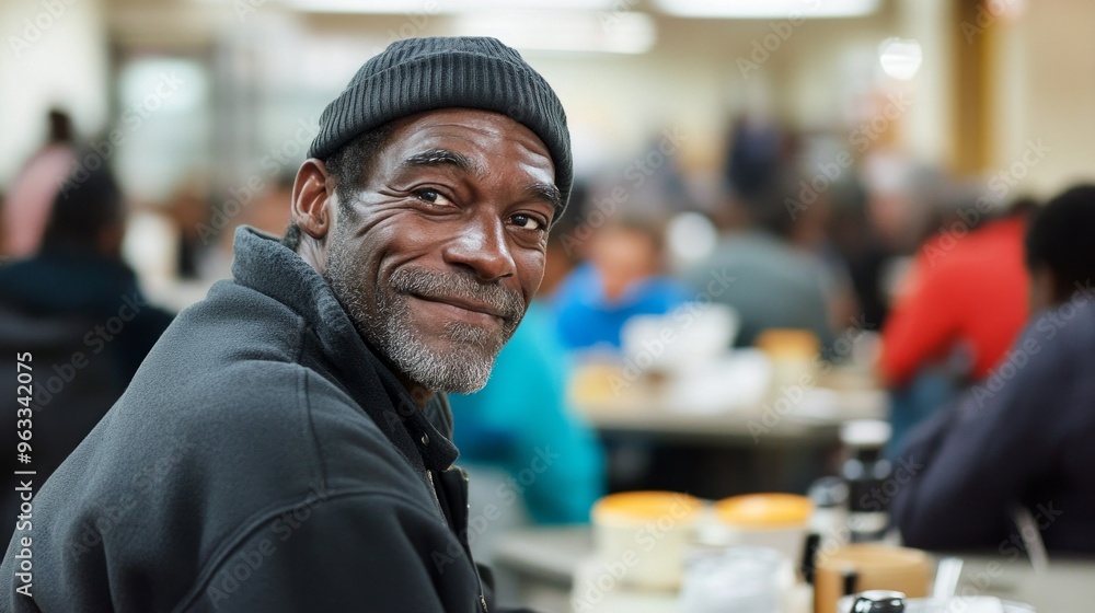 Obraz premium One elderly African-American man smiling gently while sitting in a community dining hall, with a warm and welcoming expression. Vertical image.community outreach, public dining, human conne