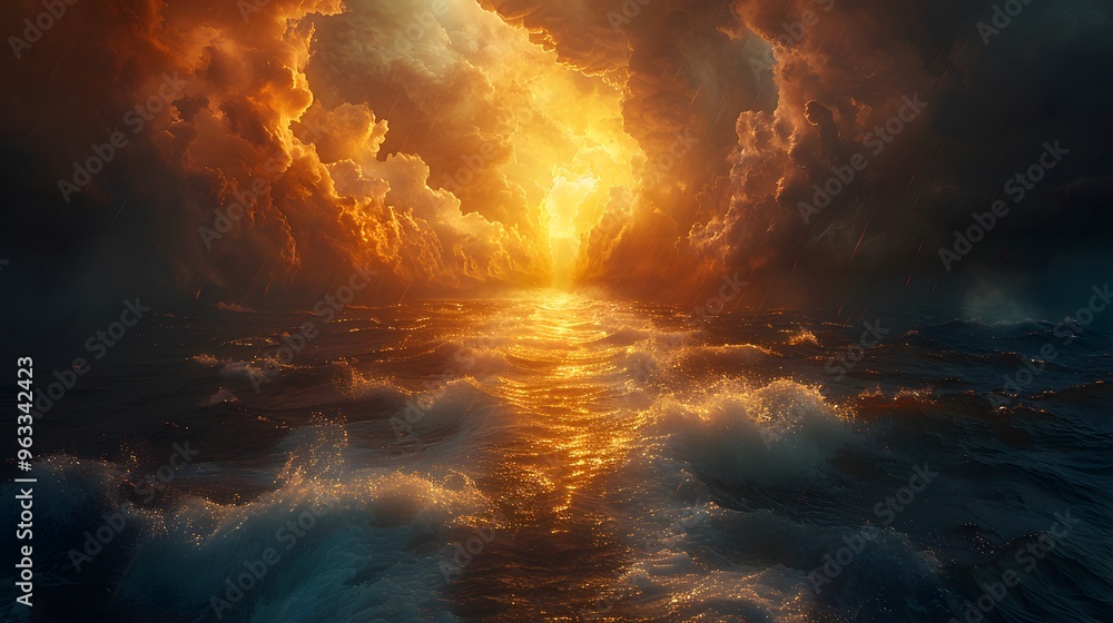 Visualize the epic crossing of the Red Sea, with Moses leading the Israelites through the majestic walls of water, the scene bathed in divine light from above, Visualize the epic crossing of the Red Sea, with Moses leading the Israelites through the majestic walls of water, the scene bathed in divine light from above,
