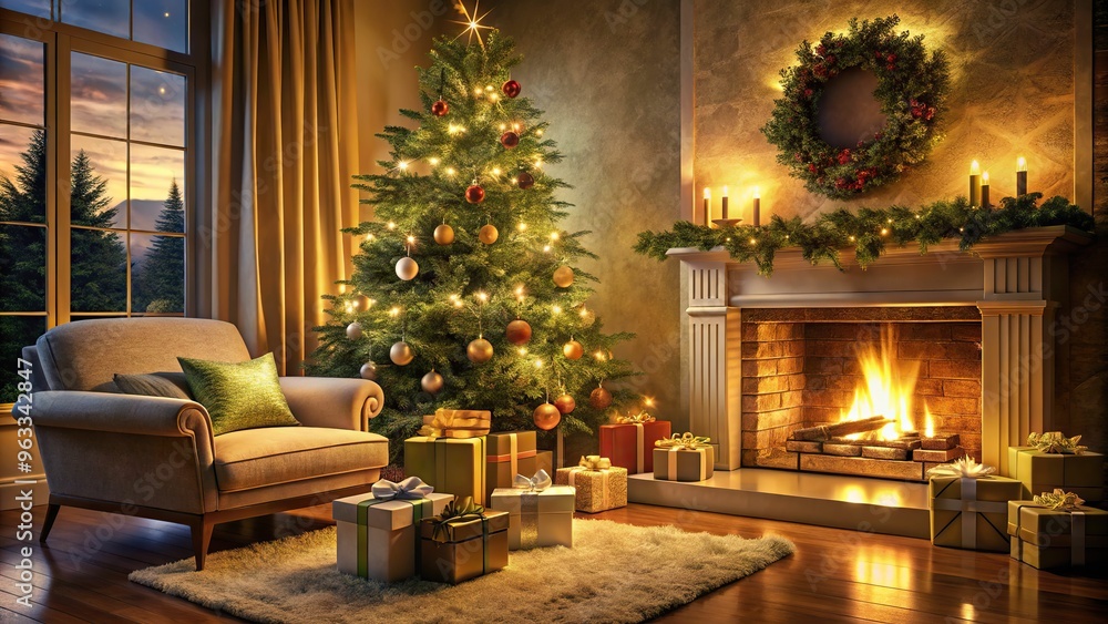A warm and cozy living room with a crackling fireplace, lush green tree, and presents wrapped in shimmering paper, all bathed in soft, warm evening light. A warm and cozy living room with a crackling fireplace, lush green tree, and presents wrapped in shimmering paper, all bathed in soft, warm evening light.