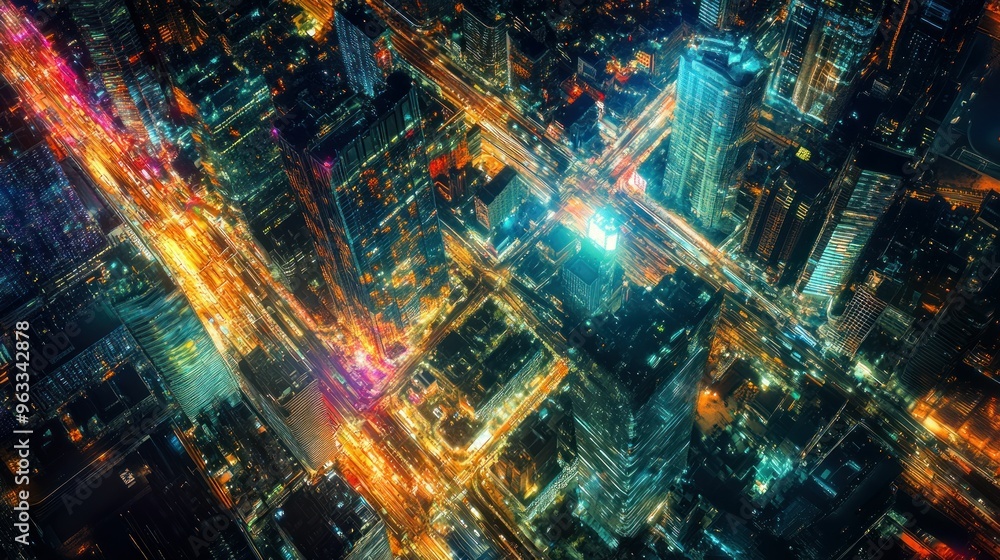 Aerial View of a City at Night with Illuminated Buildings and Traffic Aerial View of a City at Night with Illuminated Buildings and Traffic