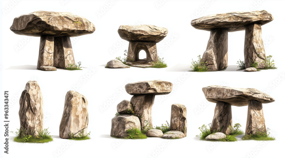 Graphical collection of dolmens and megaliths isolated on white background. Geological formations isolated on white. Photo realistic photo Graphical collection of dolmens and megaliths isolated on white background. Geological formations isolated on white. Photo realistic photo