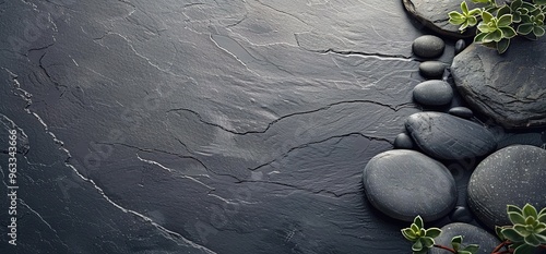 Black slate background with smooth round stones and green plant sprigs. Minimalist design for spa, wellness, or nature concept. photo