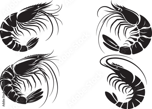 set of shrimp icon silhouette vector illustrations, vintage monochrome shrimp on a white background.