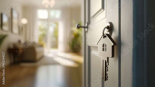 Close-up of a key with a house-shaped keychain in a front door, symbolizing homeownership or real estate investment, with a cozy interior visible.