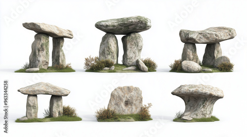 Graphical collection of dolmens and megaliths isolated on white background. Geological formations isolated on white. Photo realistic photo