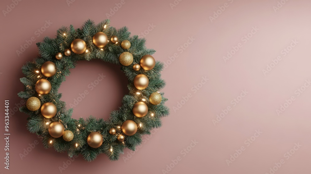 Elegant Christmas wreath adorned with golden ornaments, perfect for festive decorations and holiday celebrations. Elegant Christmas wreath adorned with golden ornaments, perfect for festive decorations and holiday celebrations.