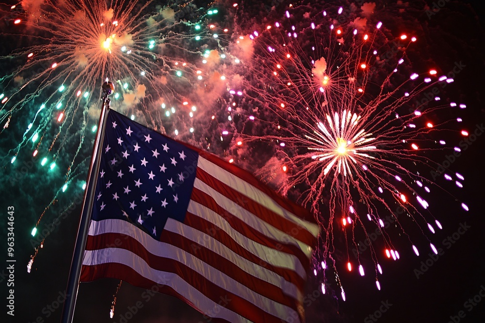 Fireworks illuminate the night sky behind an American flag during a festive celebration on Independence Day Fireworks illuminate the night sky behind an American flag during a festive celebration on Independence Day