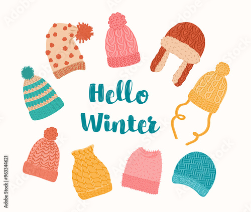 Hello winter card with bright knitted hats on white background. Set of hand drawn winter warm accessories