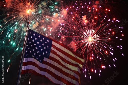 Fireworks illuminate the night sky behind an American flag during a festive celebration on Independence Day