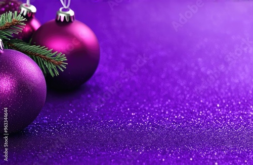 Close-up. Purple Christmas banner with space for lettering with fir trees, shiny balls for decoration and snowflakes.