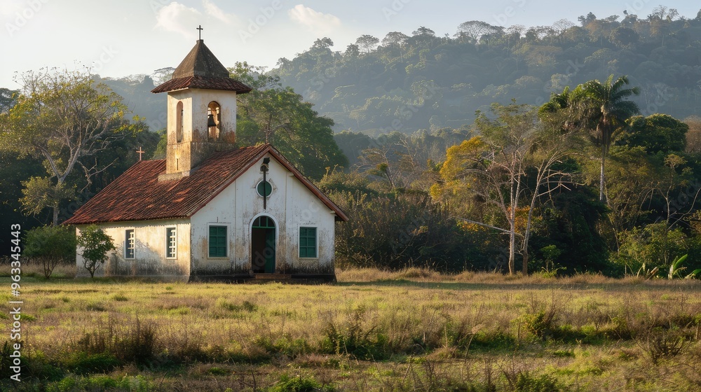Tranquil Church Amidst Lush Greenery in Scenic Landscape Tranquil Church Amidst Lush Greenery in Scenic Landscape