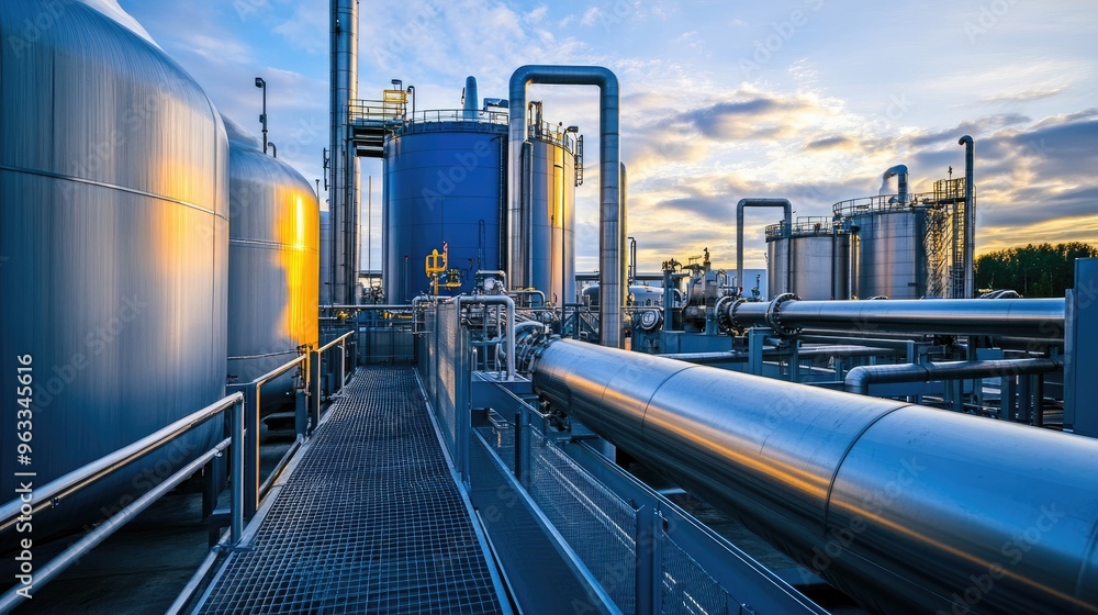 The powerful steel tanks and complex pipelines of a hydrogen production facility, representing modern industrial energy. The powerful steel tanks and complex pipelines of a hydrogen production facility, representing modern industrial energy.
