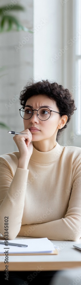 A thoughtful woman with glasses ponders an idea in a bright office setting, exemplifying focus and contemplation. A thoughtful woman with glasses ponders an idea in a bright office setting, exemplifying focus and contemplation.