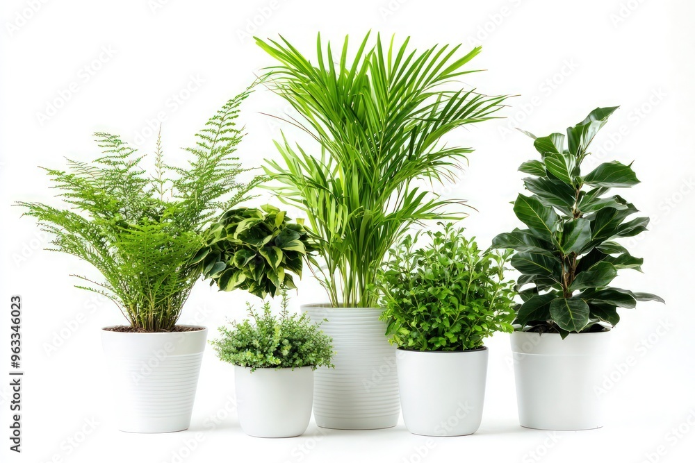 An assortment of potted houseplants, including a palm, a conifer, a fern, a monstera, and a succulent, arranged in matching white pots, illustrating a green oasis in a domestic setting. An assortment of potted houseplants, including a palm, a conifer, a fern, a monstera, and a succulent, arranged in matching white pots, illustrating a green oasis in a domestic setting.
