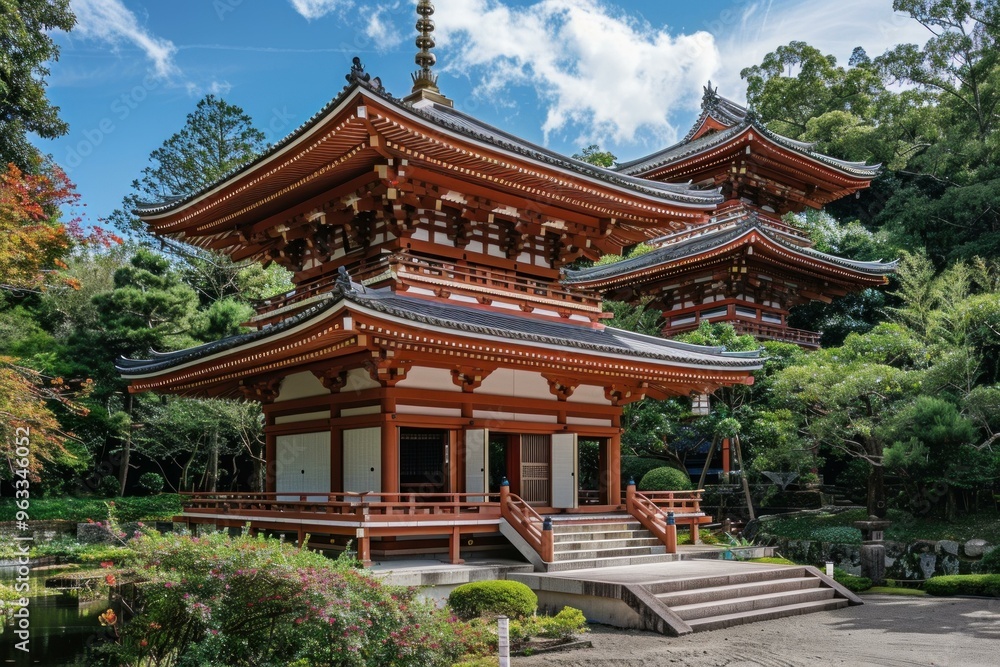 Red wooden pagoda temple building with grey tile roofs stands in a peaceful japanese garden with lush green trees and foliage Red wooden pagoda temple building with grey tile roofs stands in a peaceful japanese garden with lush green trees and foliage