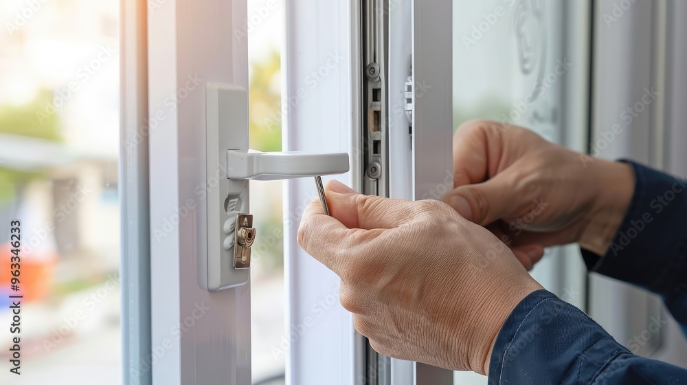 Hands Installing a Modern Window Lock for Enhanced Security and Functionality Hands Installing a Modern Window Lock for Enhanced Security and Functionality
