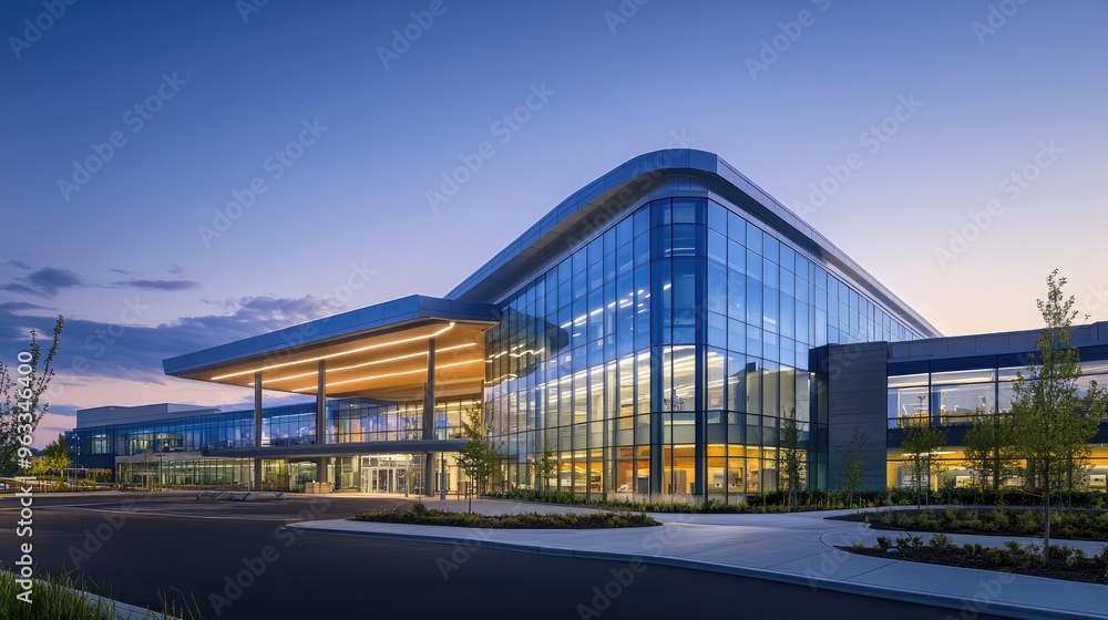 The sleek, modern exterior of a large hospital, showcasing advanced healthcare facilities and services. The sleek, modern exterior of a large hospital, showcasing advanced healthcare facilities and services.