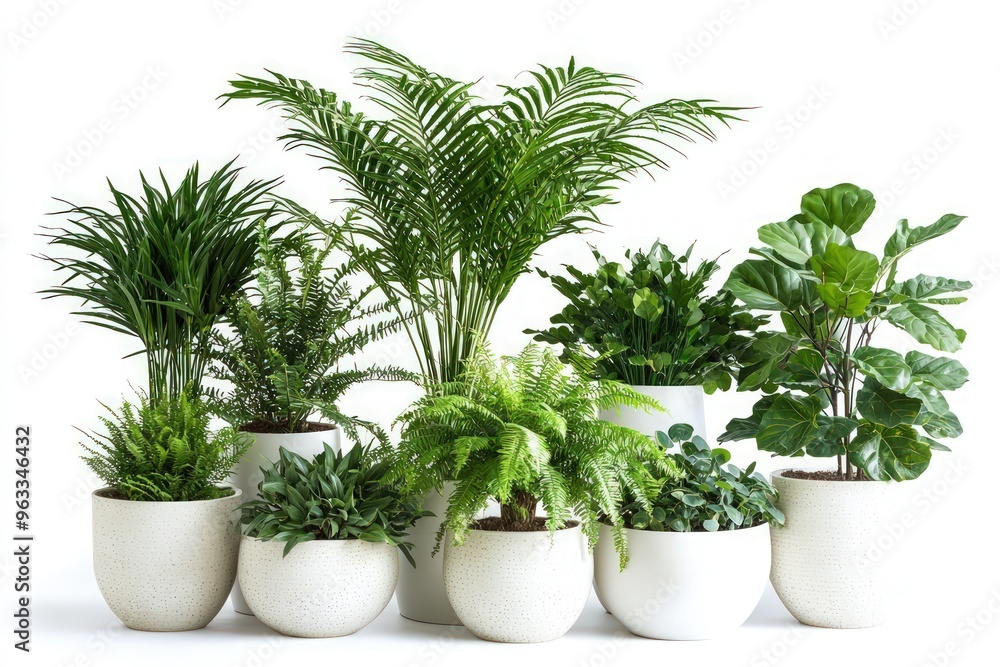 An assortment of potted houseplants, including a palm, a conifer, a fern, a monstera, and a succulent, arranged in matching white pots, illustrating a green oasis in a domestic setting. An assortment of potted houseplants, including a palm, a conifer, a fern, a monstera, and a succulent, arranged in matching white pots, illustrating a green oasis in a domestic setting.