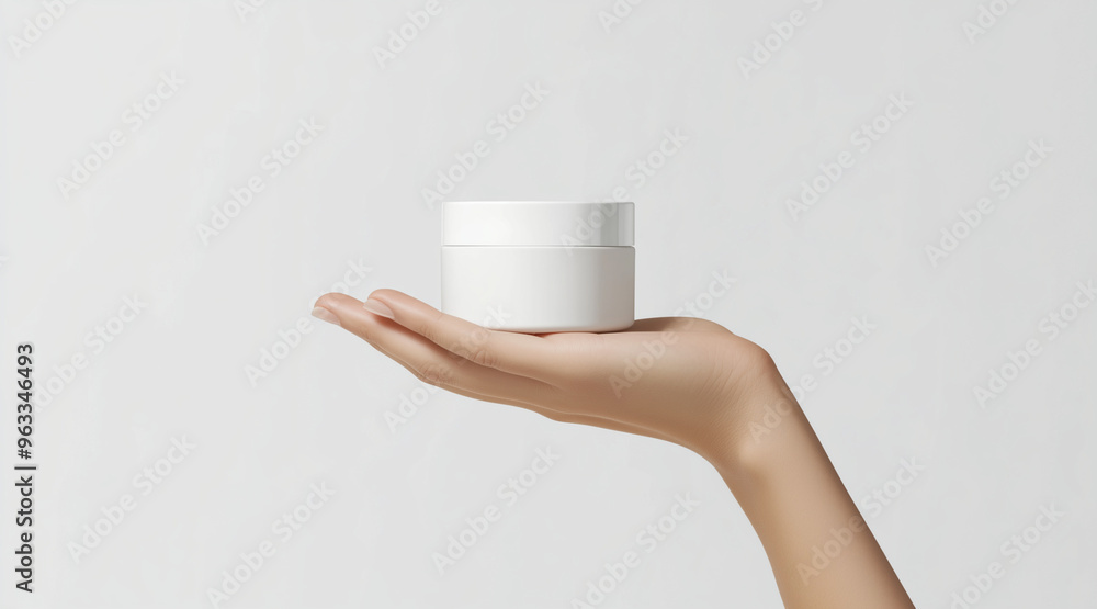 Womans hand holding white cream jar mockup beauty product packaging design isolated on white. Cosmetics isolated on white. Photo realistic photo.
Womans hand holding white cream jar mockup beauty product packaging design isolated on white. Cosmetics isolated on white. Photo realistic photo.
