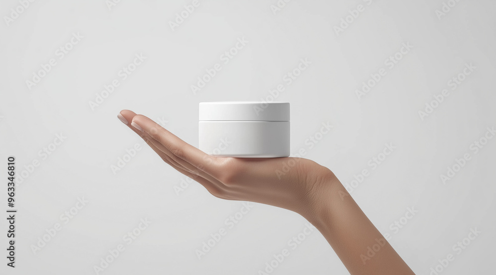 Womans hand holding white cream jar mockup beauty product packaging design isolated on white. Cosmetics isolated on white. Photo realistic photo.
Womans hand holding white cream jar mockup beauty product packaging design isolated on white. Cosmetics isolated on white. Photo realistic photo.