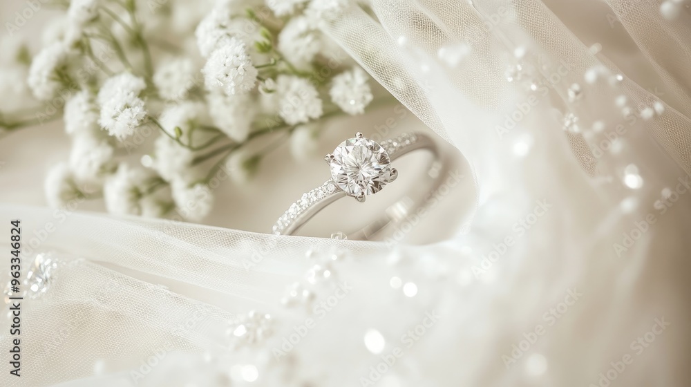 The sparkle of an engagement ring contrasts beautifully against the soft white fabric of a wedding dress. The sparkle of an engagement ring contrasts beautifully against the soft white fabric of a wedding dress.