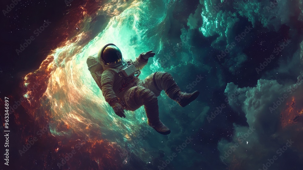 The surreal glow of an alien cave envelops a floating astronaut, with mysterious energy swirling in the depths of space. The surreal glow of an alien cave envelops a floating astronaut, with mysterious energy swirling in the depths of space.
