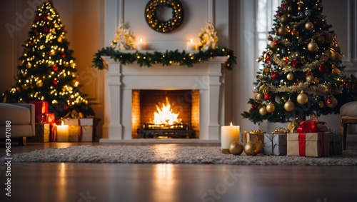  Living room interior with decorated fireplace and christmas tree