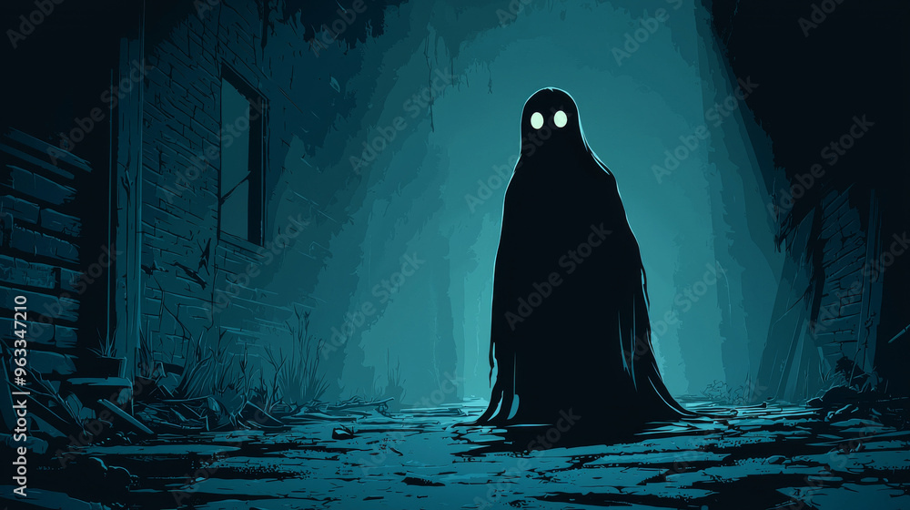 A shadowy figure with glowing eyes stands in a desolate alley. A shadowy figure with glowing eyes stands in a desolate alley.
