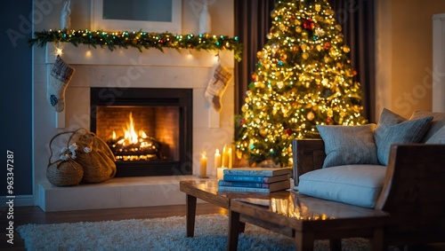 Living room interior with decorated fireplace and christmas tree