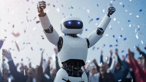 A humanoid robot raises its arms in celebration alongside cheerful office workers