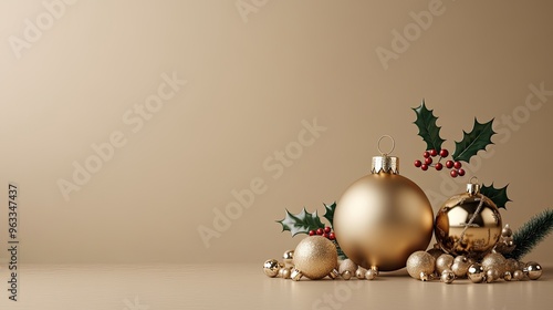 Elegant golden ornaments with holly leaves create a festive atmosphere for the holiday season, perfect for seasonal decor ideas.