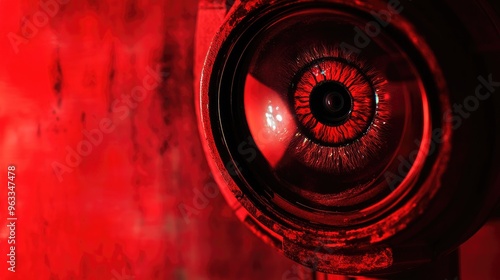 The unsettling sight of a red camera with an unblinking eye lens, symbolizing surveillance and creeping fear photo