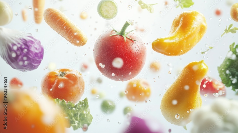 Vibrant Vegetables Suspended in Water with Droplets Vibrant Vegetables Suspended in Water with Droplets