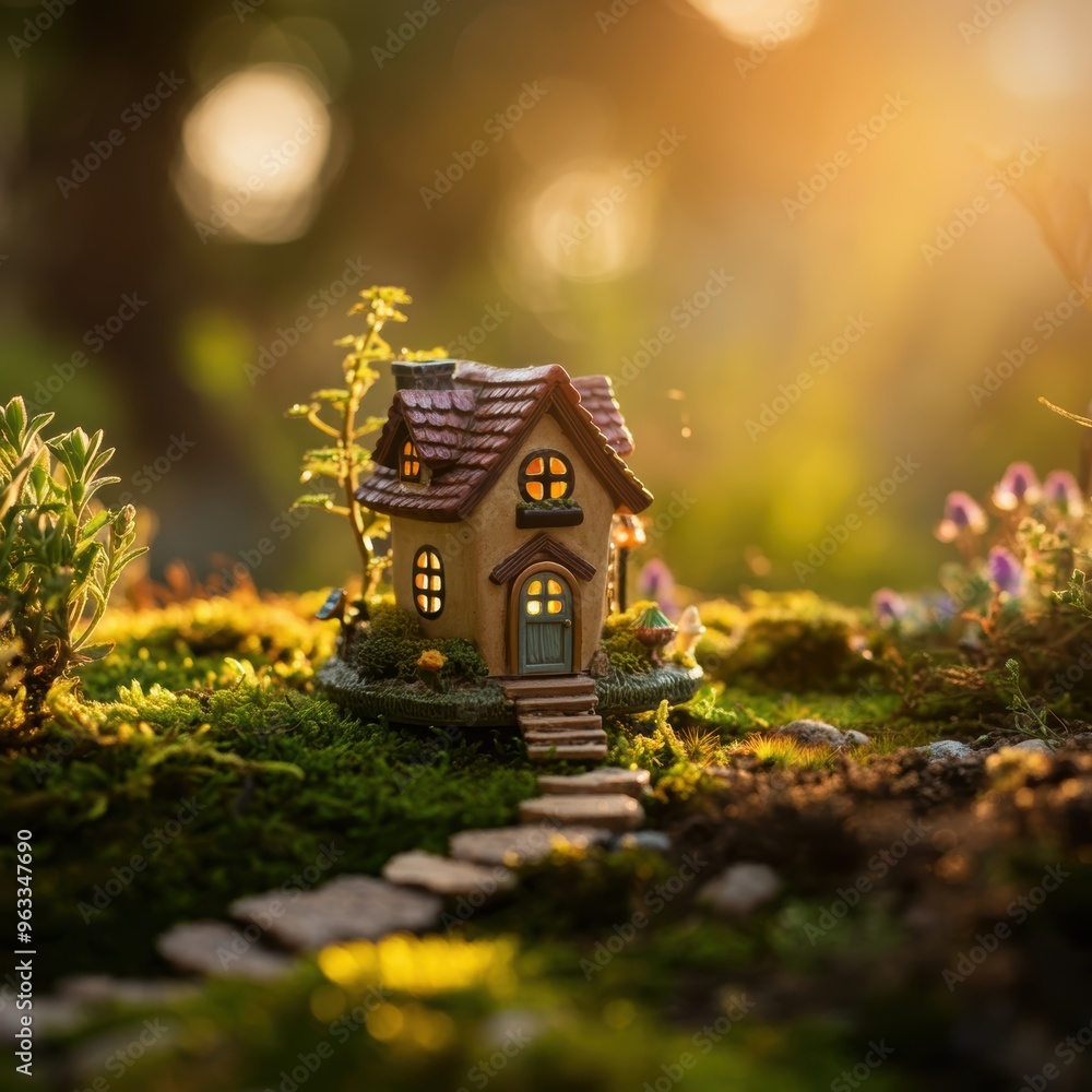 Tiny house in a fairy garden , warm sunset light , bokeh effect , fairy tale scene , miniature house model, moss covered ground , wildflowers, tiny tree, magical atmosphere Tiny house in a fairy garden , warm sunset light , bokeh effect , fairy tale scene , miniature house model, moss covered ground , wildflowers, tiny tree, magical atmosphere