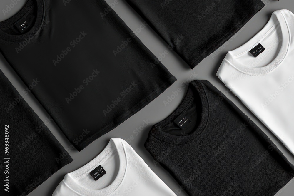 An array of black and white t-shirts neatly laid out, each flat and smooth, highlighting simplicity in design. An array of black and white t-shirts neatly laid out, each flat and smooth, highlighting simplicity in design.