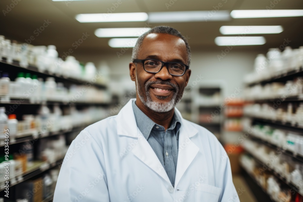 Smiling portrait of a middle aged male pharmacy worker Smiling portrait of a middle aged male pharmacy worker