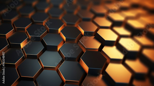 Hexagon background. Close-up view of a surface made up of hexagonal shapes, honeycomb pattern. Tessellation, geometric wallpaper. Three-dimensional, depth and modern design.