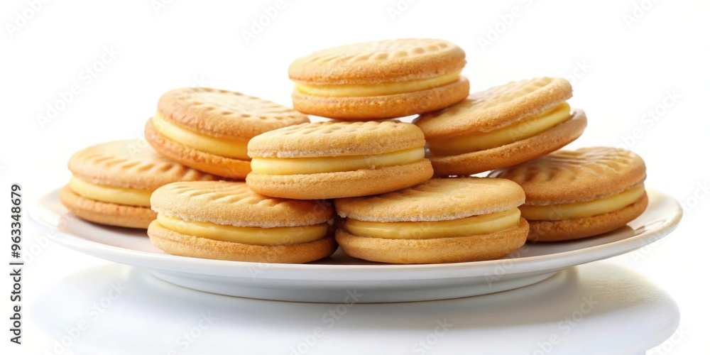 Plate of delicious custard sandwich cookies on a white background Plate of delicious custard sandwich cookies on a white background