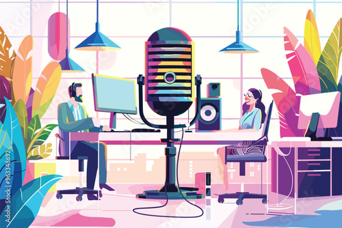 Radio Host Interviewing Guest at Podcast Studio, Broadcasters Creating Live Stream Media Content at Professional Workspace with Giant Microphone